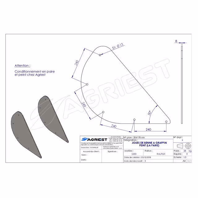 Joues de benne a grappin ep 8 mm peint (la paire)