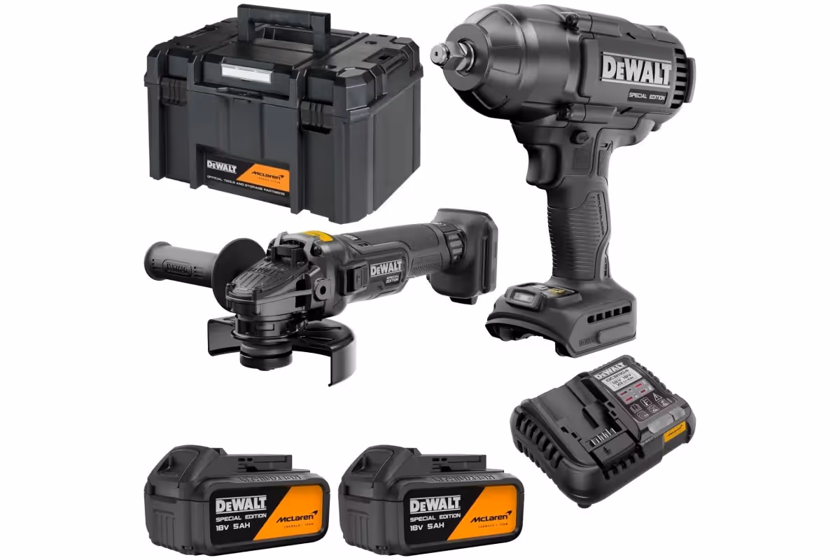 Kit 2 outils Dewalt McLaren meuleuse 125 mm, Boulonneuse à choc 1396 Nm avec 2 batterie 5Ah, chargeur et coffret T-Stack