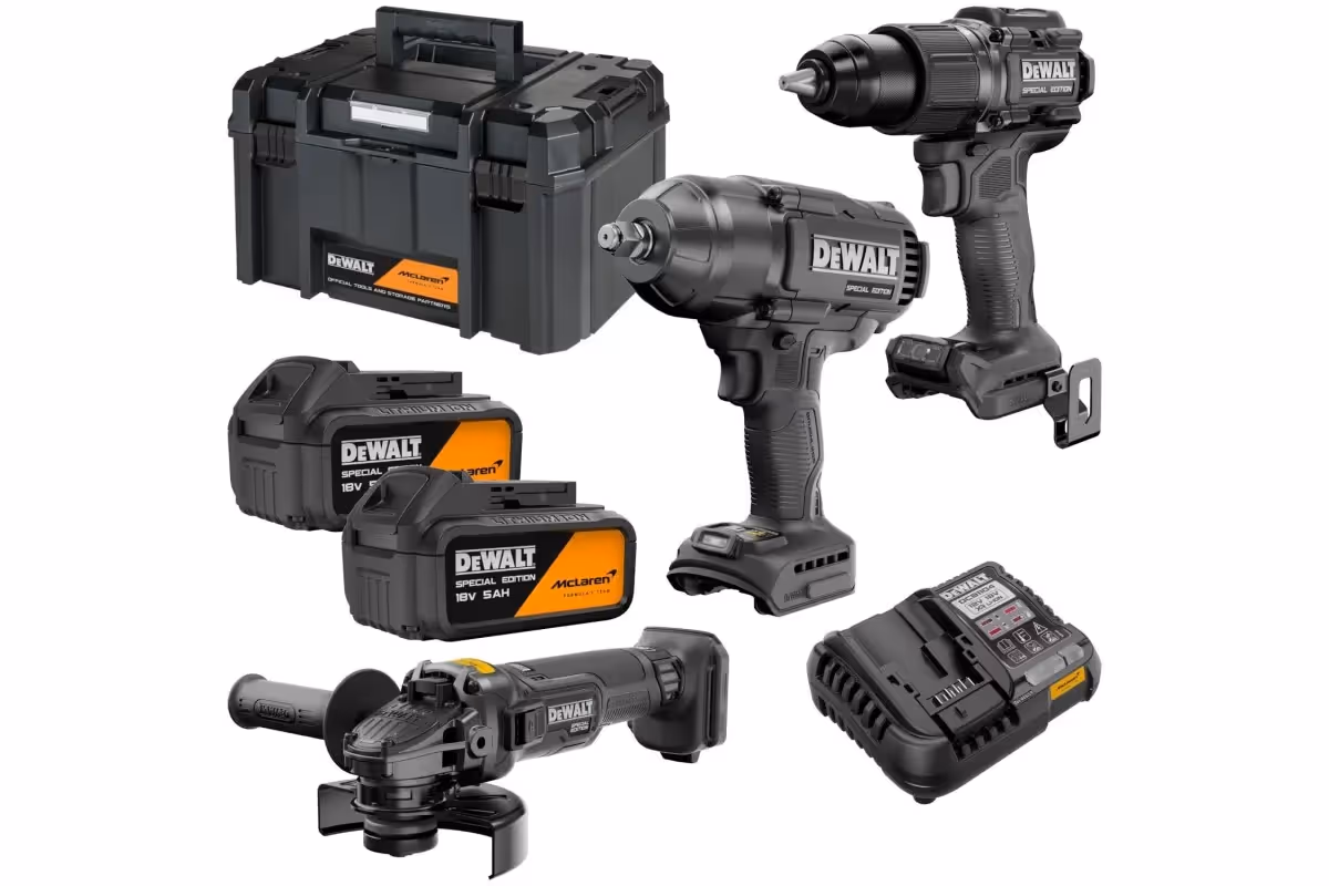 Kit 3 outils Dewalt McLaren meuleuse 125 mm, Boulonneuse à choc 1396 Nm, Perceuse visseuse à percussion avec 2 batterie 5Ah, chargeur et coffret T-Stack