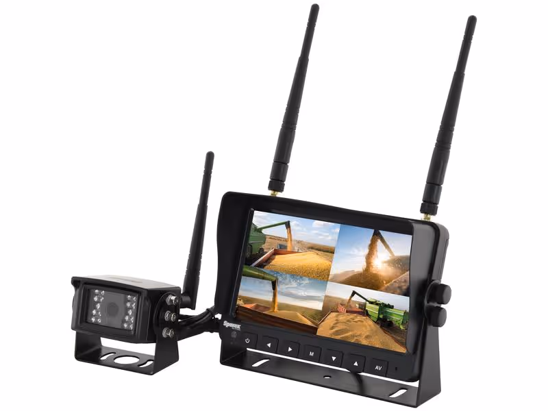 Kit caméra de recul wi-fi avec 1 x 7'' Digital Wireless 4QUAD split HD monitor with audio and DVR function, 1 x CMOS digital wireless camera with microphone, 1 x Pare Soleil Amovible, 1 x support ajus