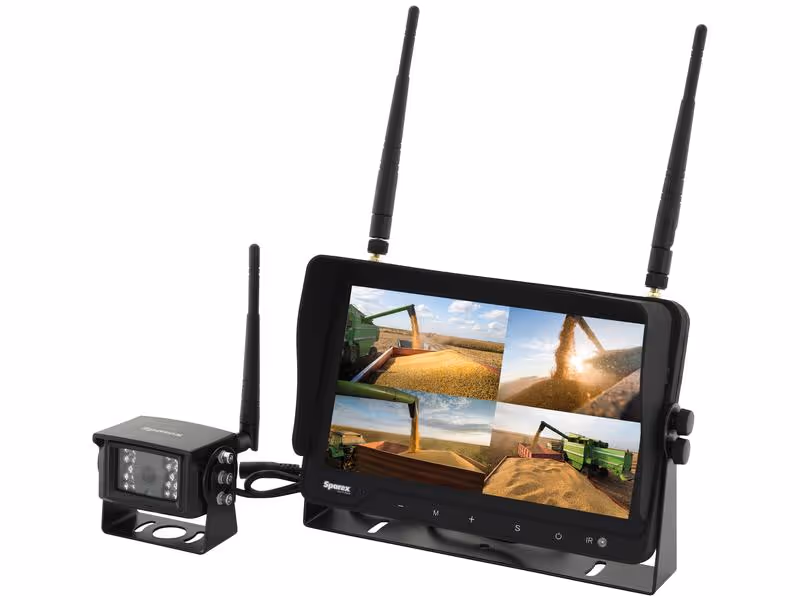 Kit caméra de recul wi-fi avec 1 x 9'' Digital Wireless 4QUAD split HD monitor with audio and DVR function, 1 x CMOS digital wireless camera with microphone, 1 x Pare Soleil Amovible, 1 x support ajus