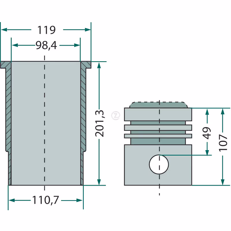 Kit chemise piston, complet  3 segments, Ø 98,425 mm    Ø axe de piston 36 x 82 mm    Ø chambre de combustion 55 mm
