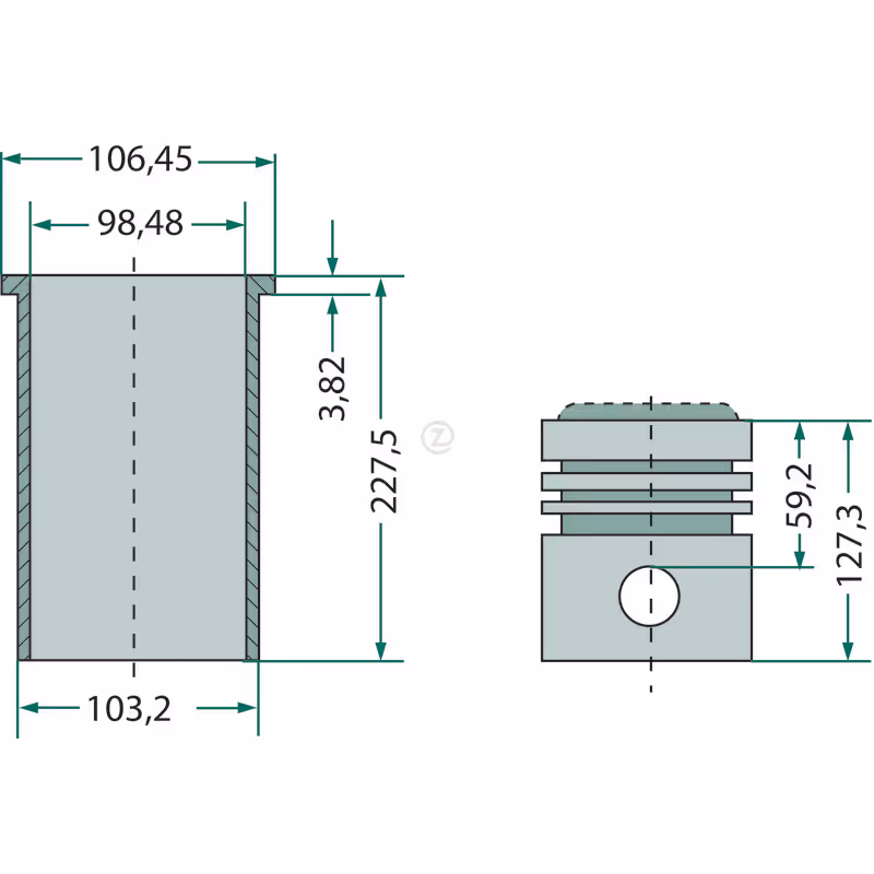 Kit chemise piston, complet  4 segments, Ø 98,4 mm    Ø axe de piston 34,93 x 84 mm    Ø chambre de combustion 59,50 mm    profondeur chambre de combustion 19 mm    chemise sèche