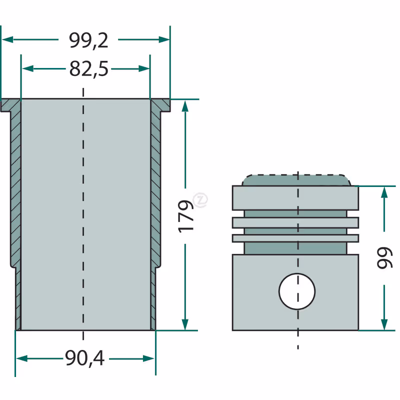 Kit chemise piston, complet   5 segments, Ø 82,55 mm     Ø axe de piston 28 x 67 mm