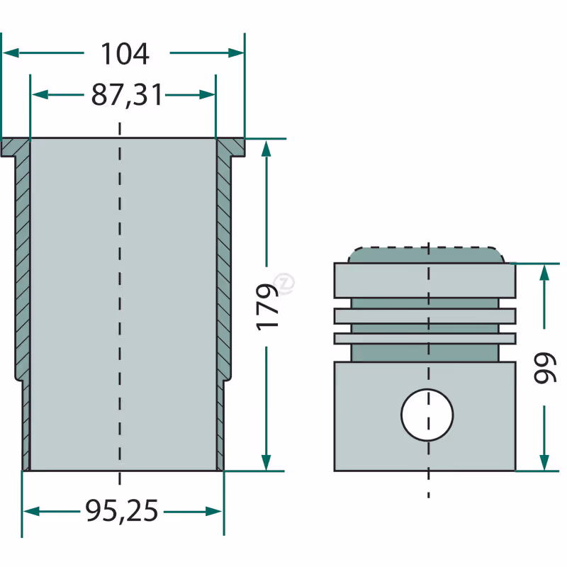 Kit chemise piston, complet   5 segments, Ø 87,31 mm    Ø axe de piston 28 x 72 mm