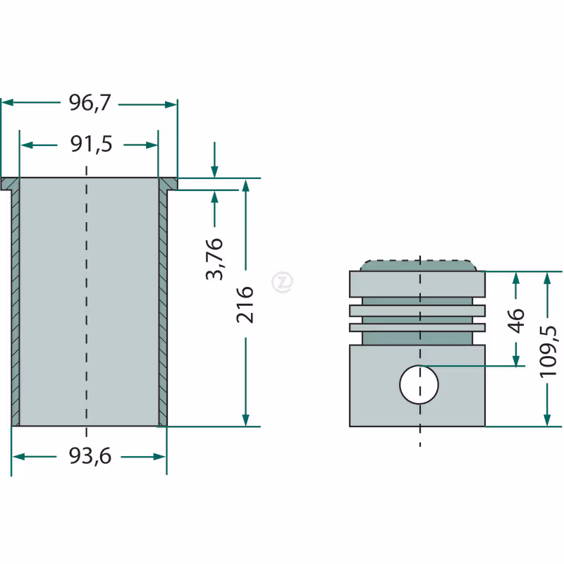 Kit chemise piston, complet  5 segments, Ø 91,48 mm    Ø piston 31,75 x 75,3 mm   Ø chambre de combustion 55,9 mm    profondeur chambre de combustion 18,57 mm