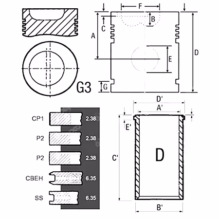 Kit chemise piston segments Ø98.48 mm Massey Ferguson 3638888M91 (Premiers blocs alésage 103.19 m)