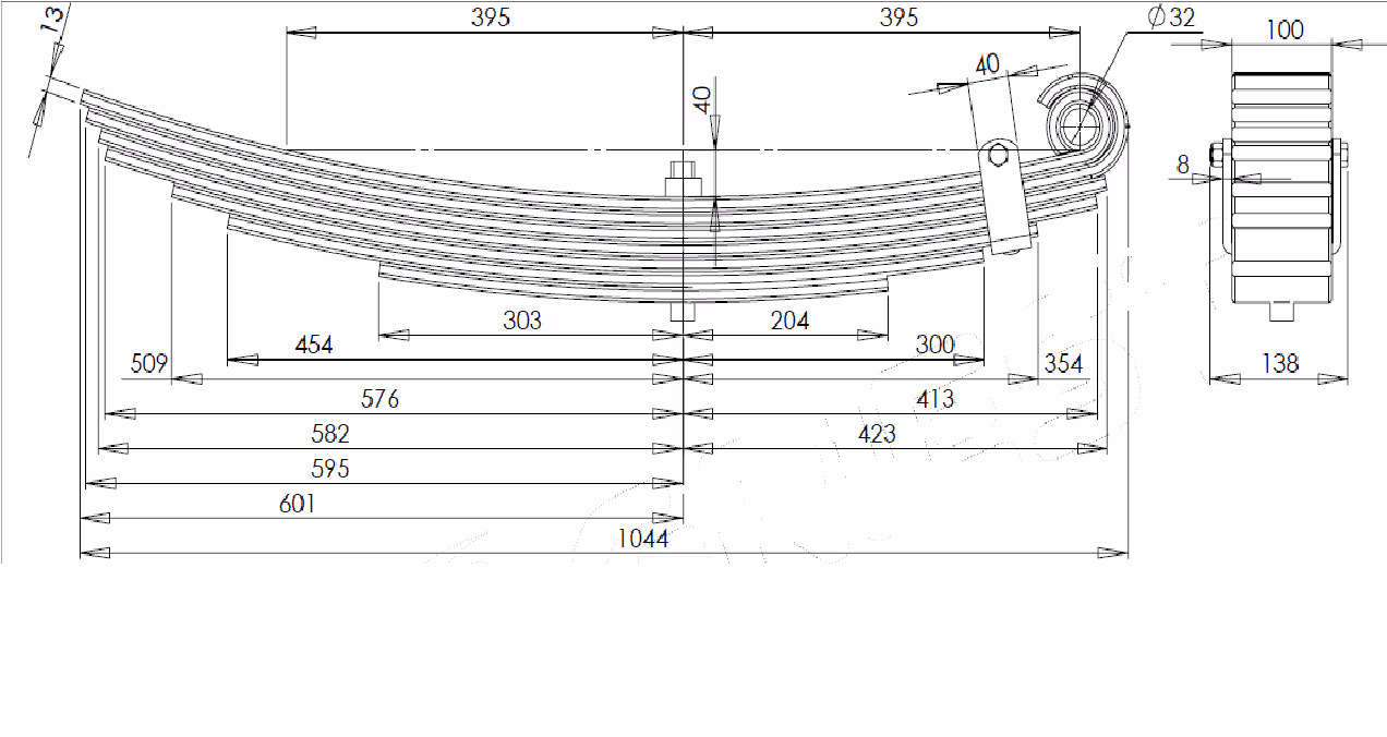 Kit ressort de flèche 7 lames Larg 100 ép 13 axe 32mm