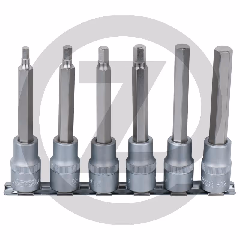 KS Tools Jeu de douilles tournevis 6 pans 1/2" longues, 5-12mm - 6 pièces, - 6 pans, tête sphérique, - longueur 110 mm, - fixation sur clips