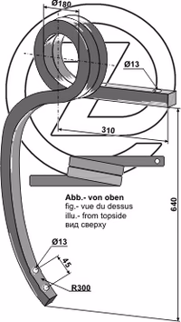 Dent cultivateur Kverneland en spirale Droite KW251801 Adaptable