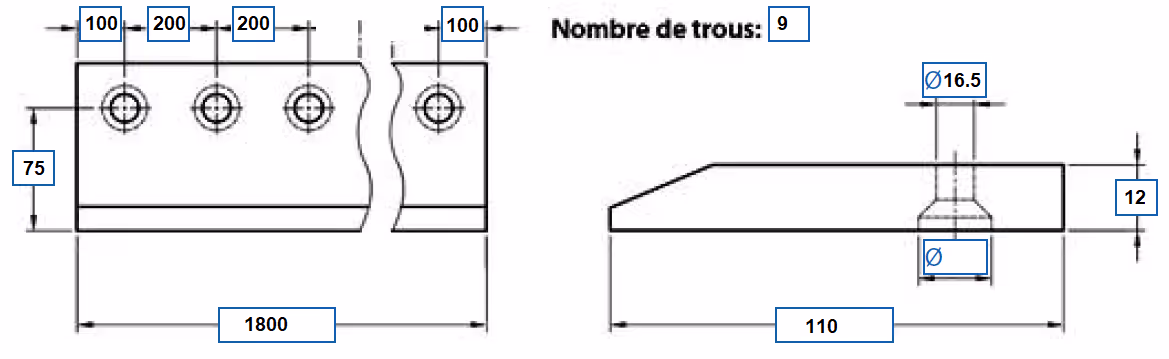 Lame Hardox 500 HB à boulonnée L1800 mm + boulons