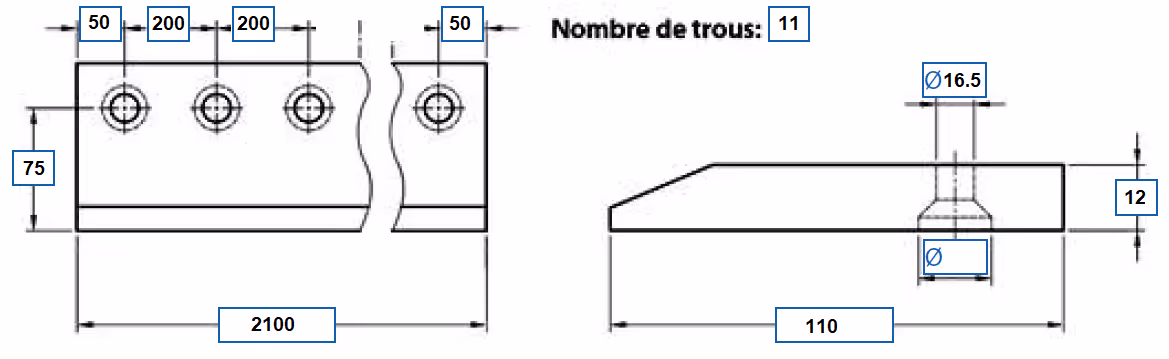 Lame Hardox 500 HB à boulonnée L2100 mm + boulons