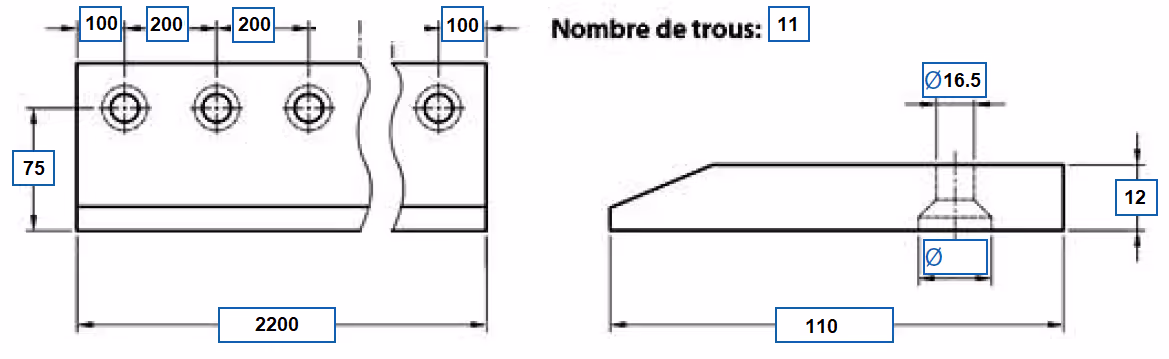 Lame Hardox 500 HB à boulonnée L2200 mm + boulons