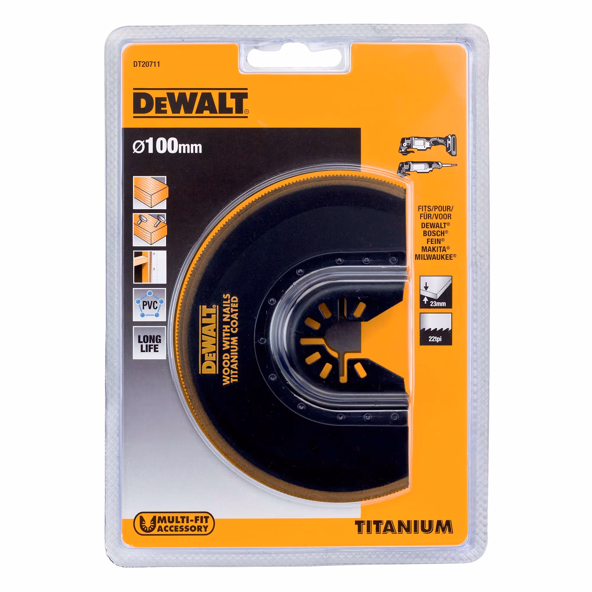 Lame Ø100 mm titanium semi circulaire moyeu déporté pour multi-cutter. Bois, bois avec clous, plaque de plâtre, PVC