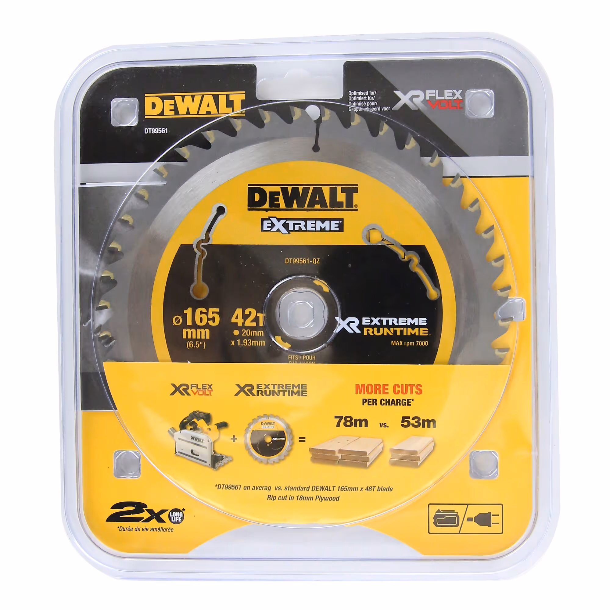 Lame de scie circulaire plongeante carbure XR Runtime, 165 x 20 mm 42 dents, ATB, angle d'attaque 10. Pour la coupe du bois 