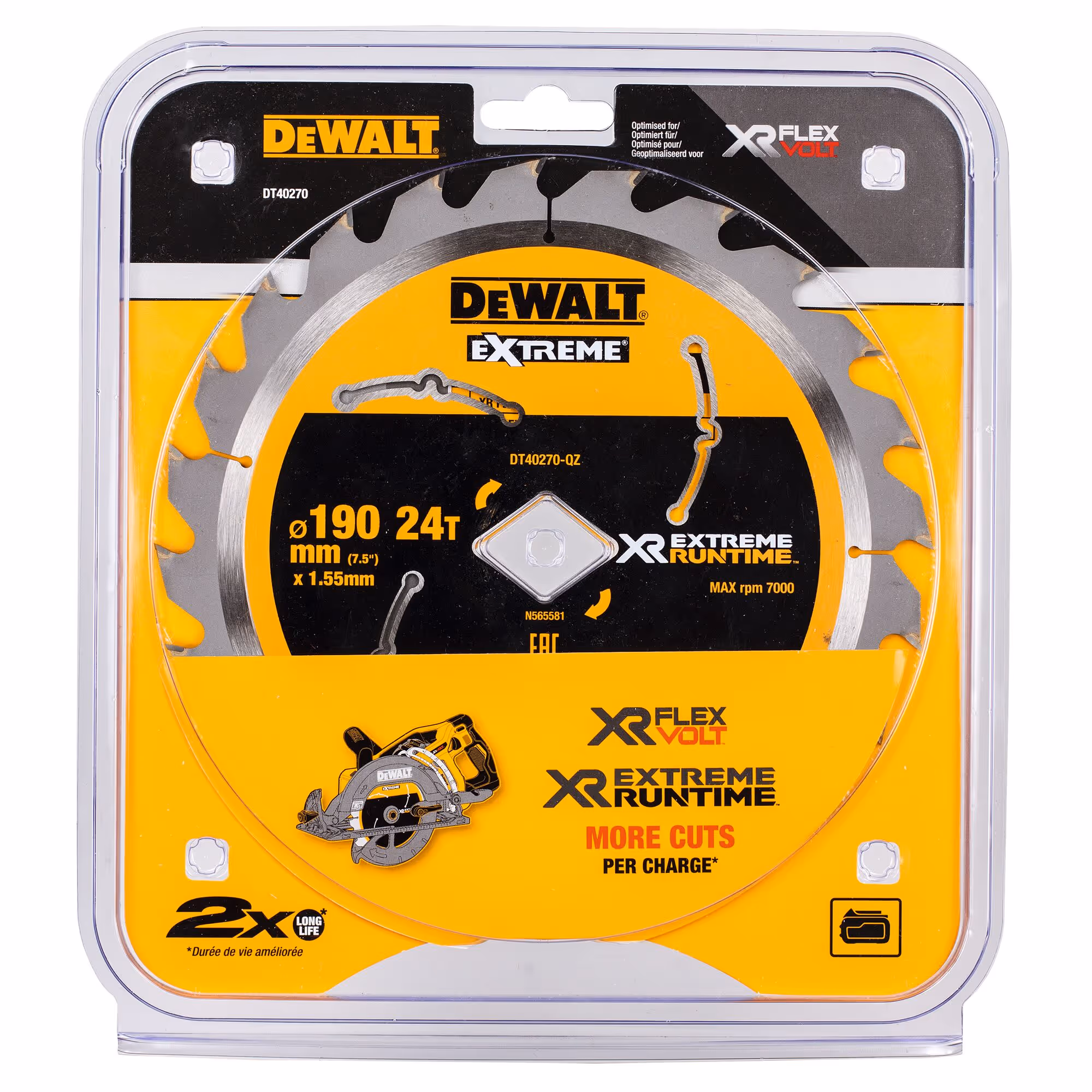 Lame de scie circulaire portative carbure XR Runtime 190 mm, alésage diamant pour DCS577, 24 dents. Pour la coupe du bois dur et tendre, bois avec clous