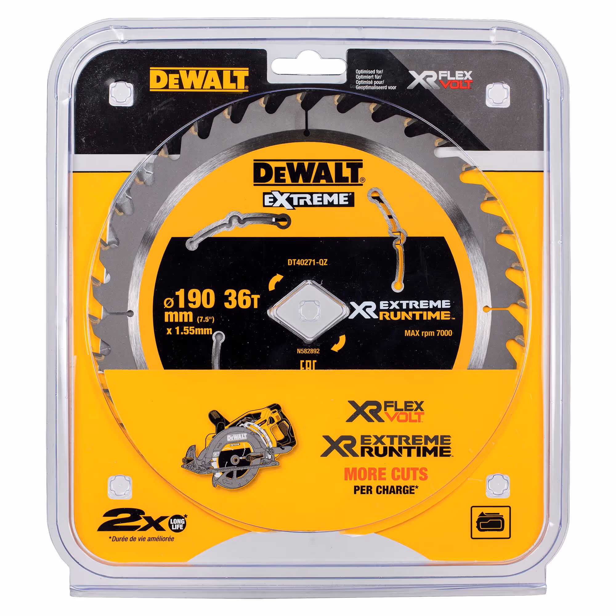 Lame de scie circulaire portative carbure XR Runtime 190 mm, alésage diamant pour DCS577, 36 dents. Pour la coupe du bois dur et tendre, bois avec clous