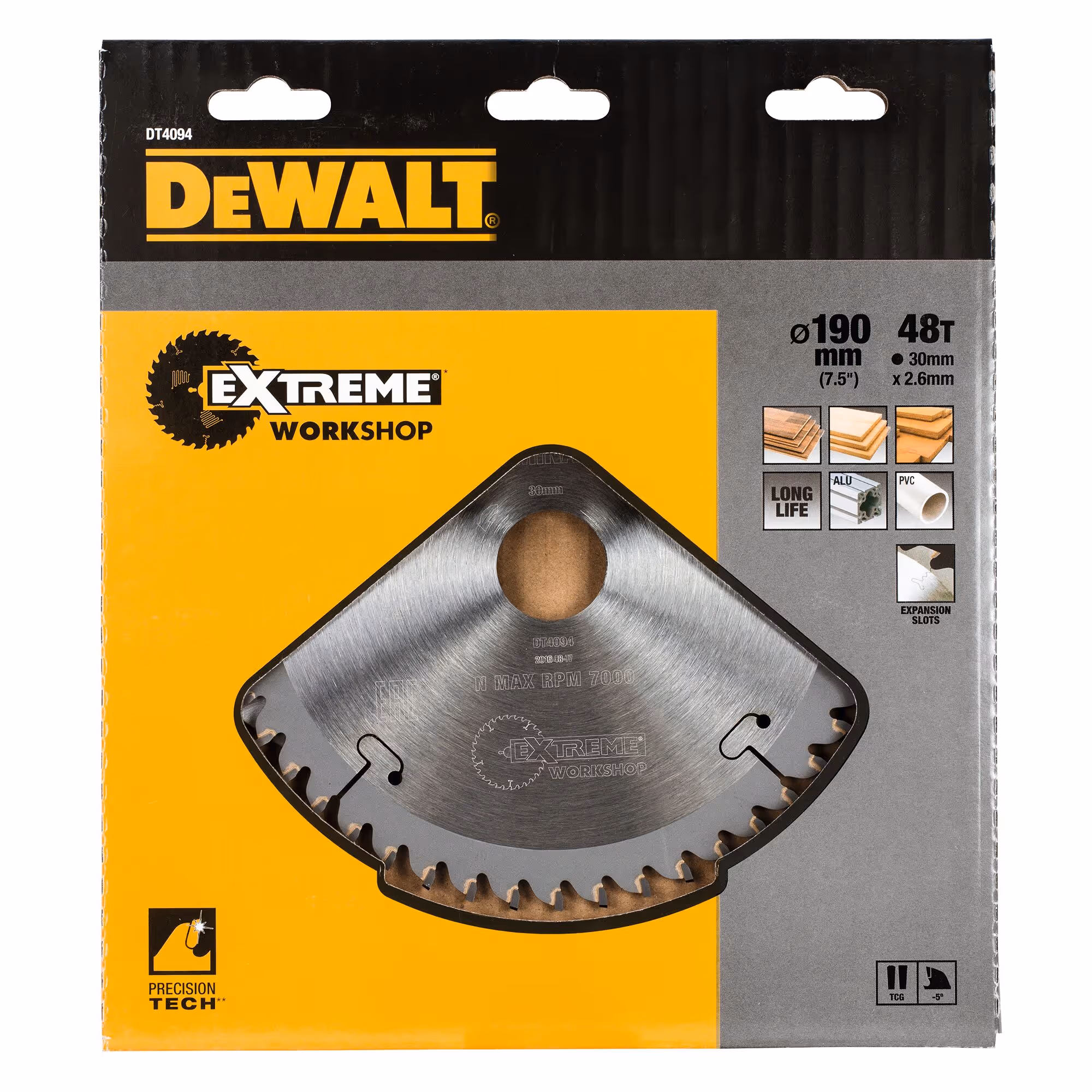 Lame de scie circulaire portative carbure Extreme Workshop, 190 x 30 mm, 48 dents, TCG/coupe très fine, angle d'attaque -5. Pour la coupe du bois dur et tendre, MDF, contreplaqués, stratifiés et placages, aluminium et PVC