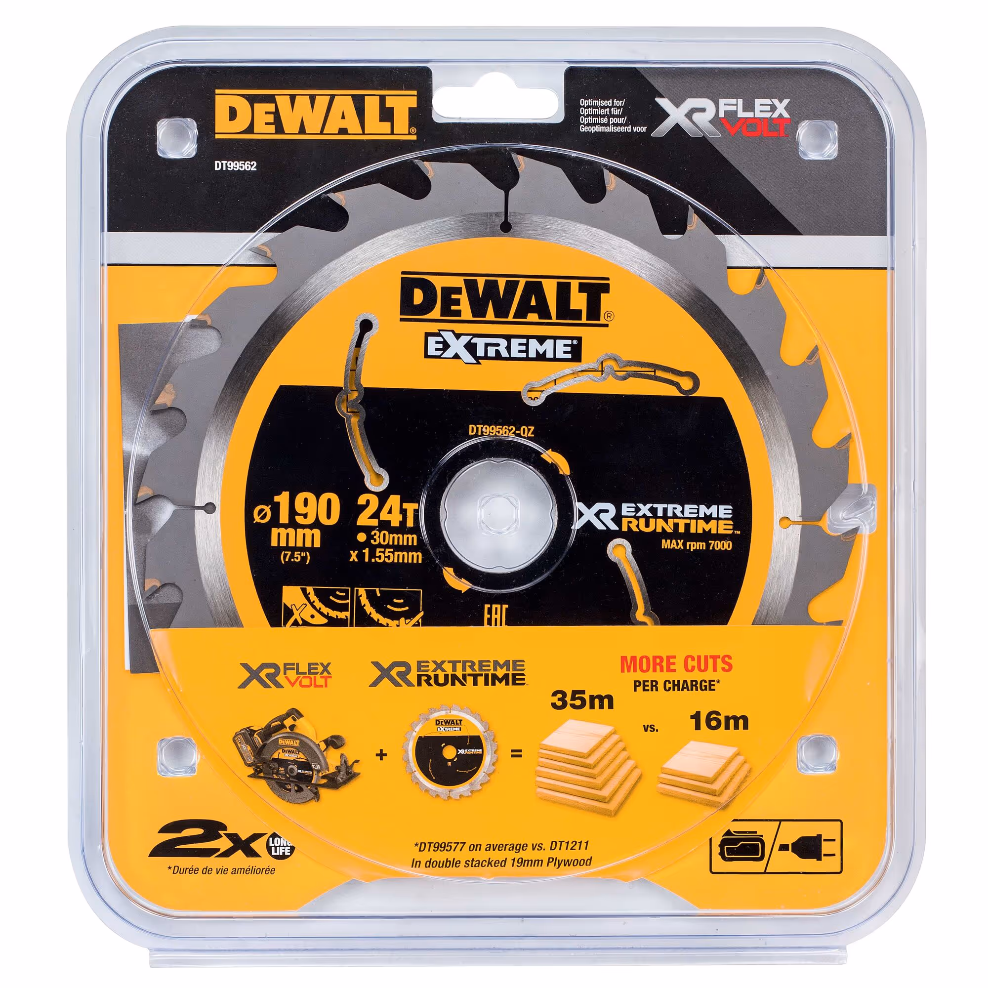 Lame de scie circulaire sans fil carbure XR Runtime, 190 x 30 mm, 24 dents, ATB/tronçonnage, angle d'attaque 25. Pour la coupe du bois dur et tendre, MDF, contreplaqués et bois de récupération