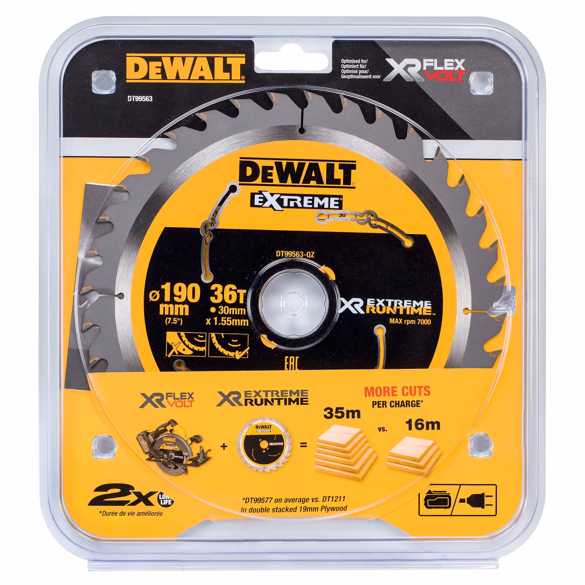 Lame de scie circulaire sans fil carbure XR Runtime, 190 x 30 mm, 36 dents, ATB/tronçonnage, angle d'attaque 25. Pour la coupe du bois dur et tendre, MDF, contreplaqués et bois de récupération