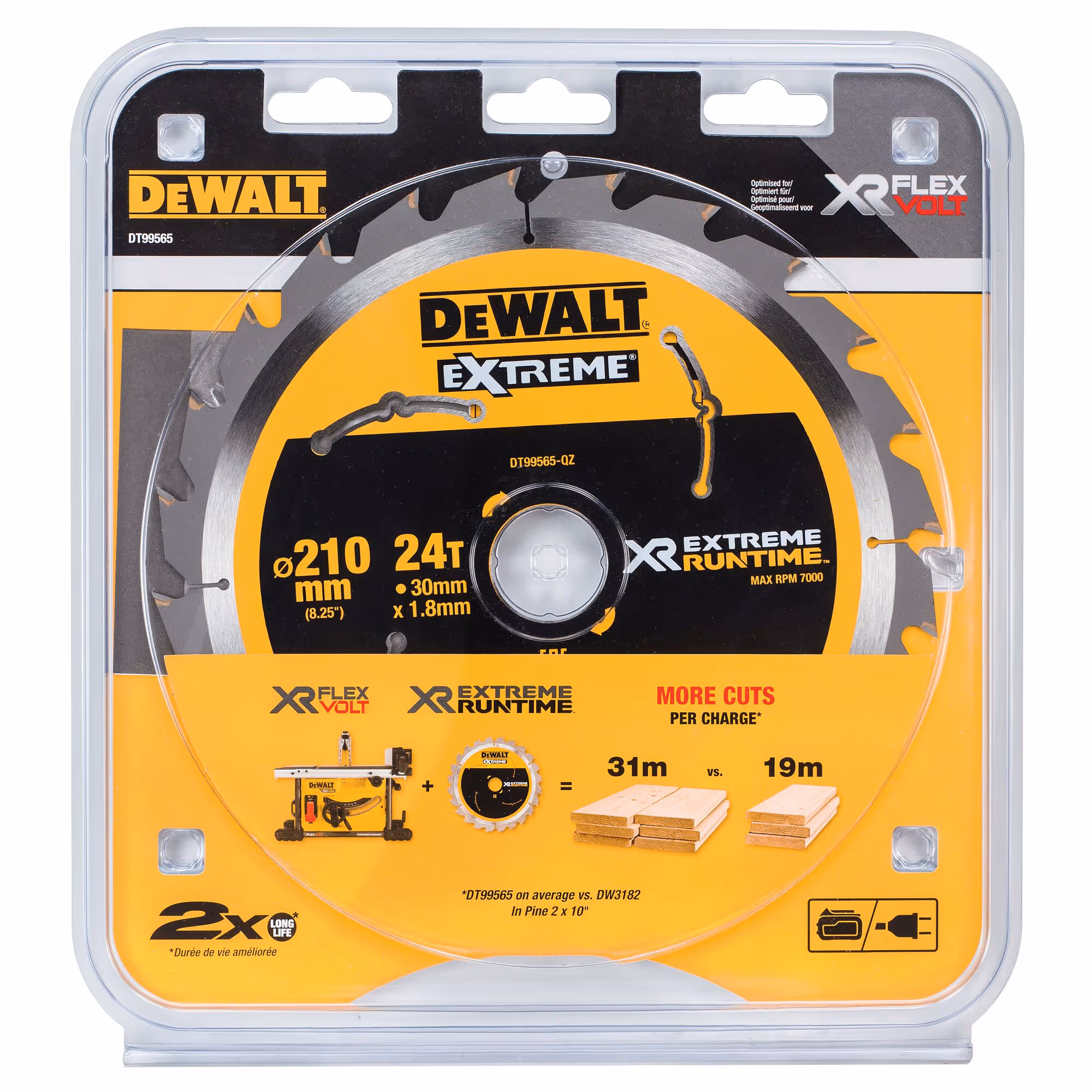 Lame de scie circulaire stationnaire carbure XR Runtime, 210 x 30 mm, 24 dents, ATB/délignage,angle d'attaque 20. Pour la coupe du bois dur et tendre, MDF, contreplaqués, stratifiés et placages