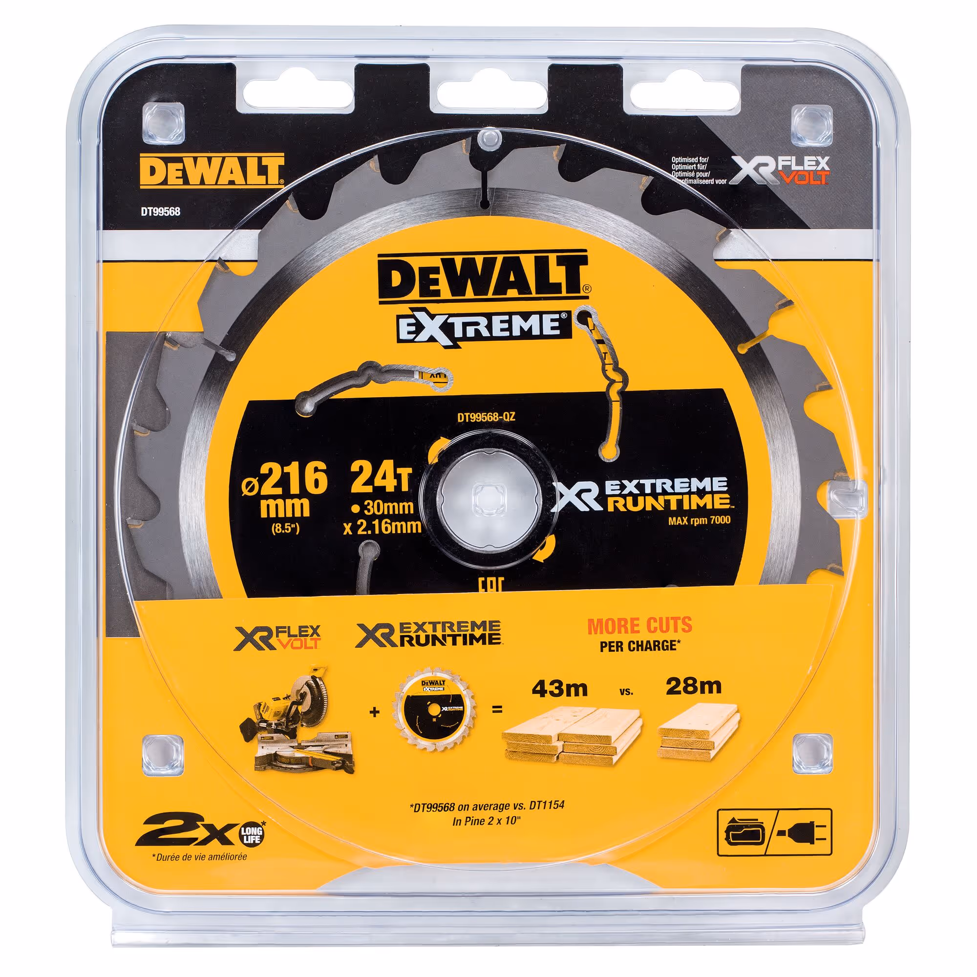 Lame de scie circulaire stationnaire carbure XR Runtime, 216 x 30 mm, 24 dents, ATB/délignage, angle d'attaque 7. Pour la coupe du bois dur et tendre, MDF, contreplaqués, stratifiés et placages