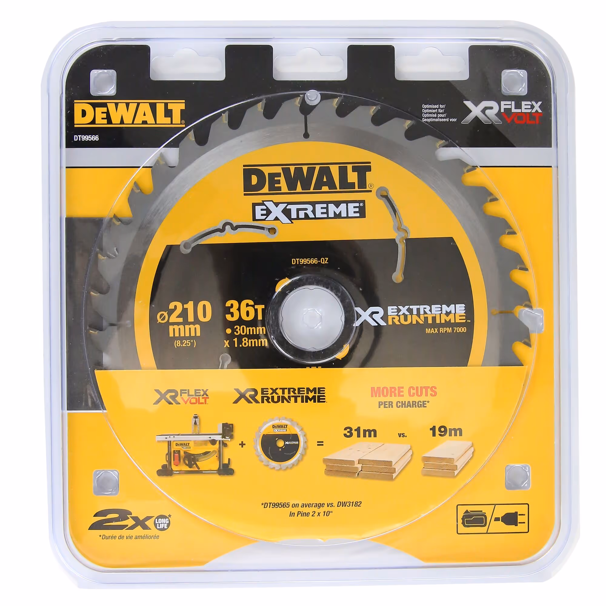 Lame de scie circulaire stationnaire carbure XR Runtime, 210 x 30 mm, 36 dents, ATB/tronçonnage, angle d'attaque 20. Pour la coupe du bois dur et tendre, MDF, contreplaqués, stratifiés et placages