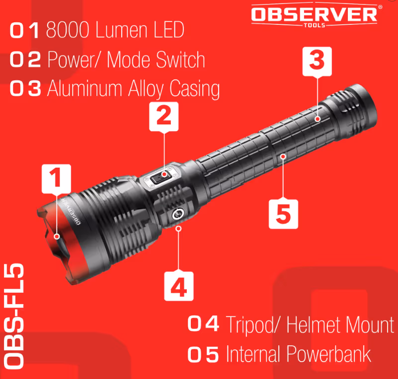Lampe torche LED ultra puissante 8000 lumen avec chargeur de téléphone et zoom