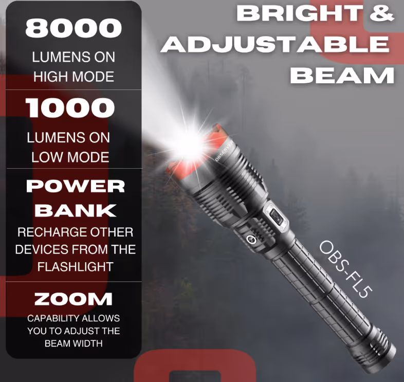 Lampe torche LED ultra puissante 8000 lumen avec chargeur de téléphone et zoom