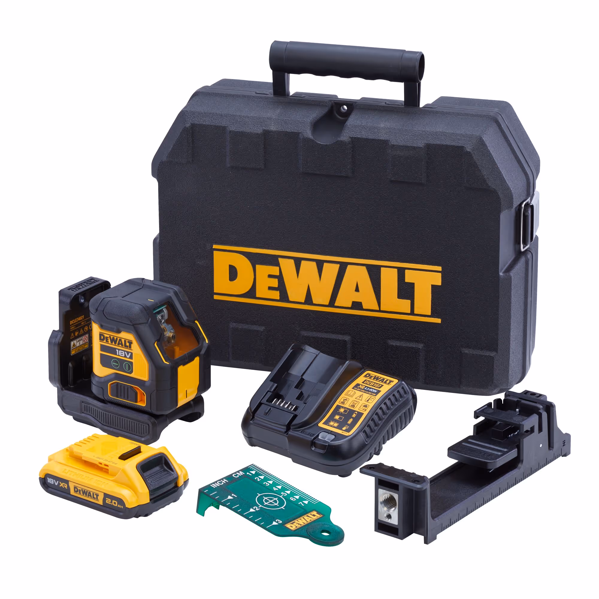 Laser croix compact XR 18V 2Ah Li-ion - Faisceaux verts - 1 batterie, chargeur, support mural, cible, coffret