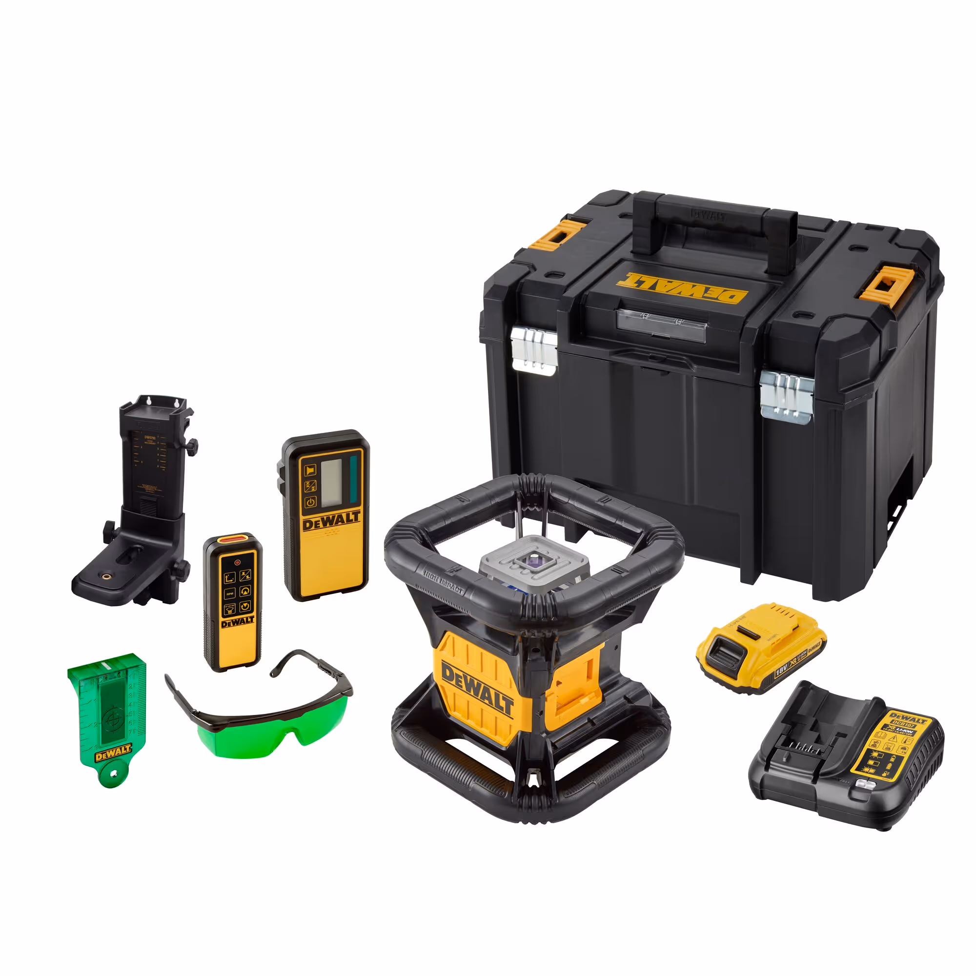 Niveau laser rotatif double pente intérieur/extérieur XR 18 V 2 Ah Li-Ion - faisceau vert - 1 batterie, chargeur, cellule de détection avec bride, support mural, télécommande, cible, lunettes de lecture, coffret TSTAK