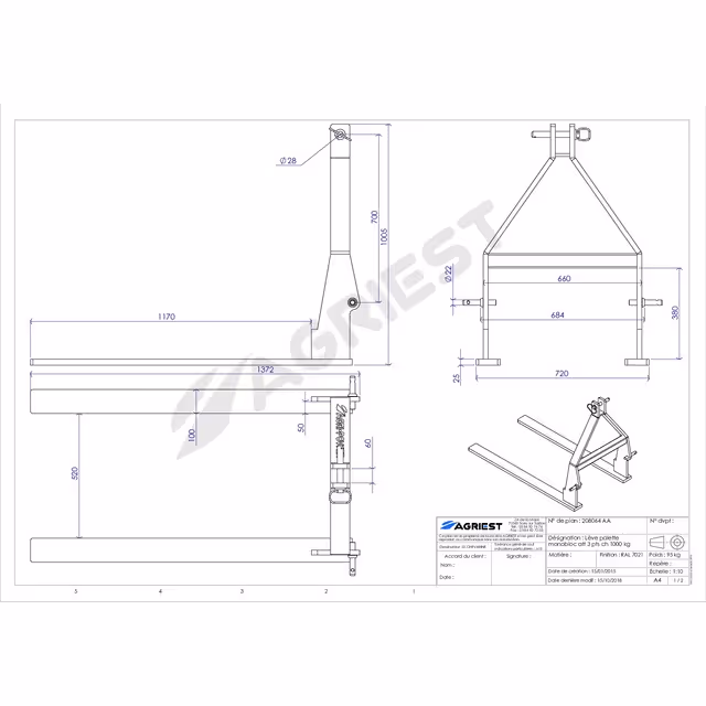 Leve palette monobloc att 3pts cat1 ch.600 kg