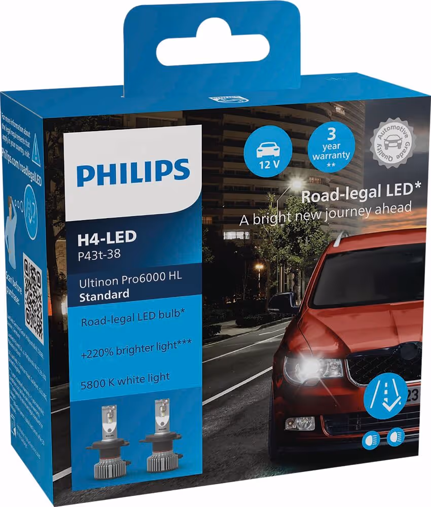 LOT DE 2 AMPOULES LED H4 - HOMOLOGUEE ROUTE - 6000K