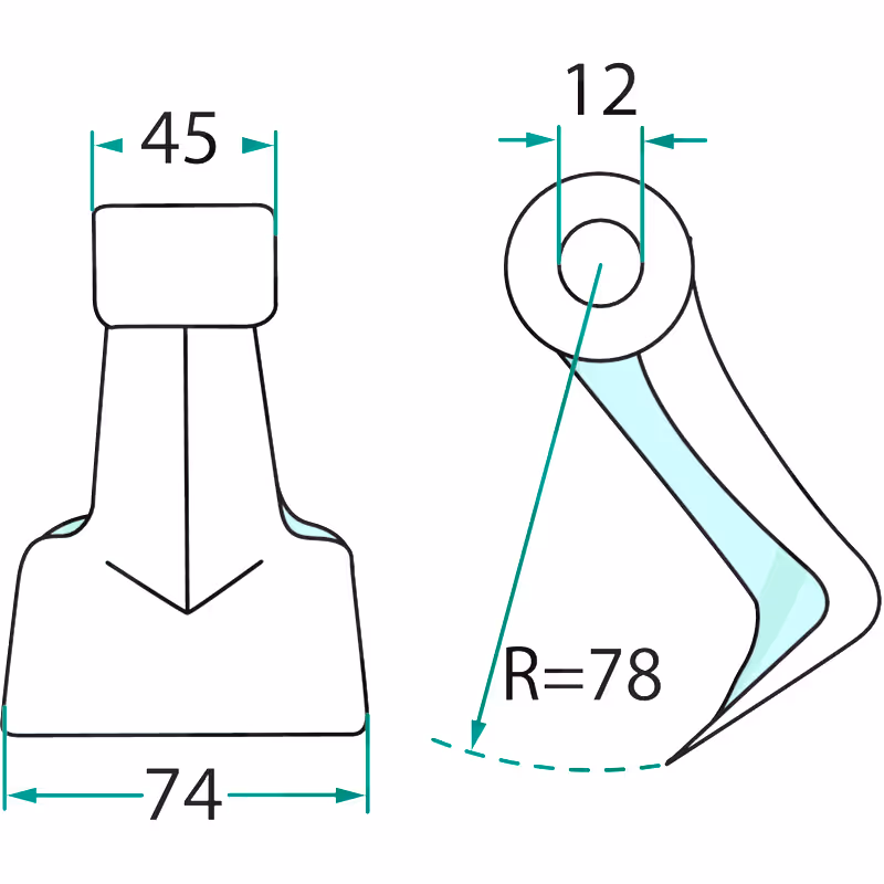 Marteau de broyeur 74x45 Ø12 R78 mm