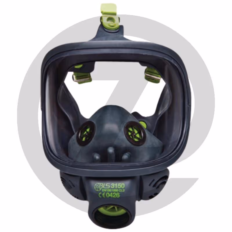 Masque complet BLS sans filtre - Norme : EN 136 classe 2 -  visière panoramique anti-buée en polycarbonate -  équipé d'un raccord à filetage standard EN 148-1 -  2 soupapes d'expiration -  harnais 5 points