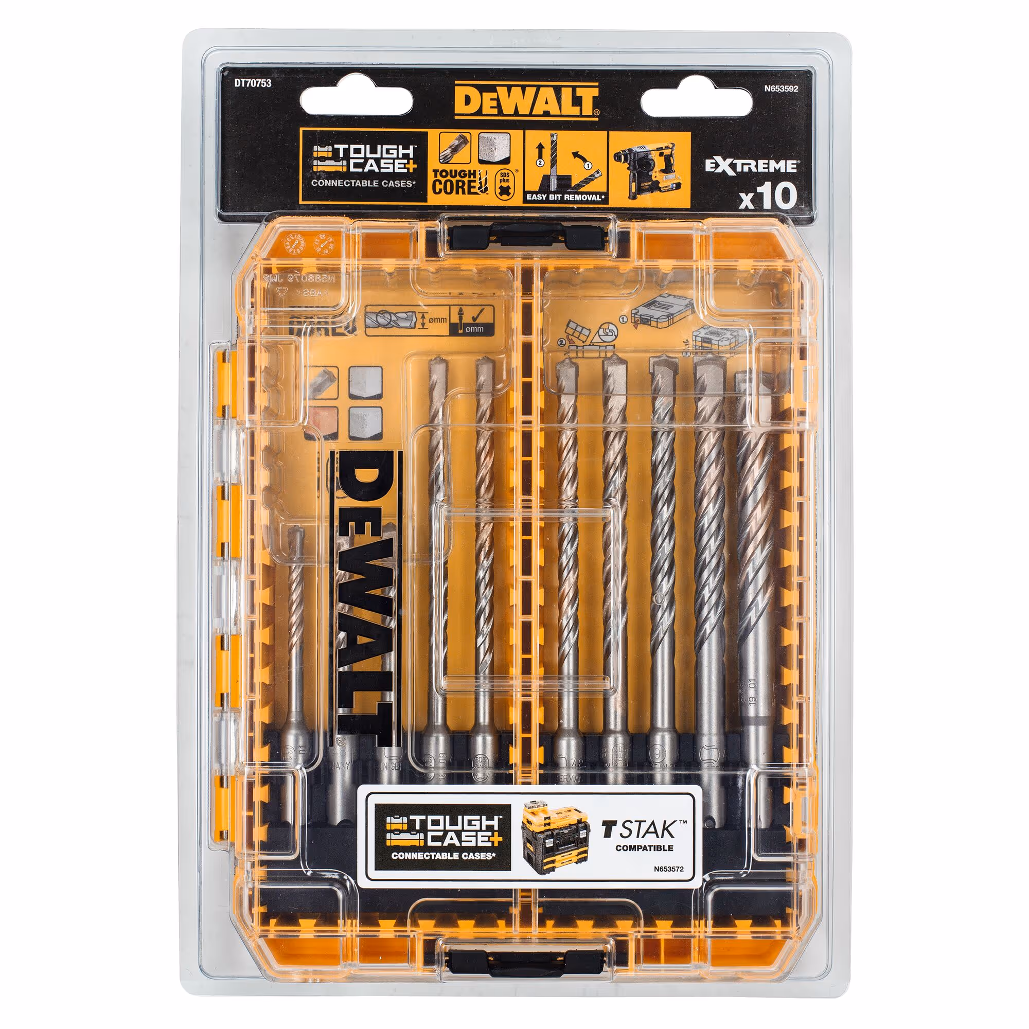 Moyen Coffret TOUGHCASE béton SDS-Plus Extreme 10 pièces - dimensions : 5 mm x 110 mm, 6 mm x 110 mm x 2, 6 mm x 160 mm x 2, 7 mm x 160 mm, 8 mm x 160 mm, 9 mm x 160 mm, 10 mm x 160 mm, 12 mm x 160 mm
