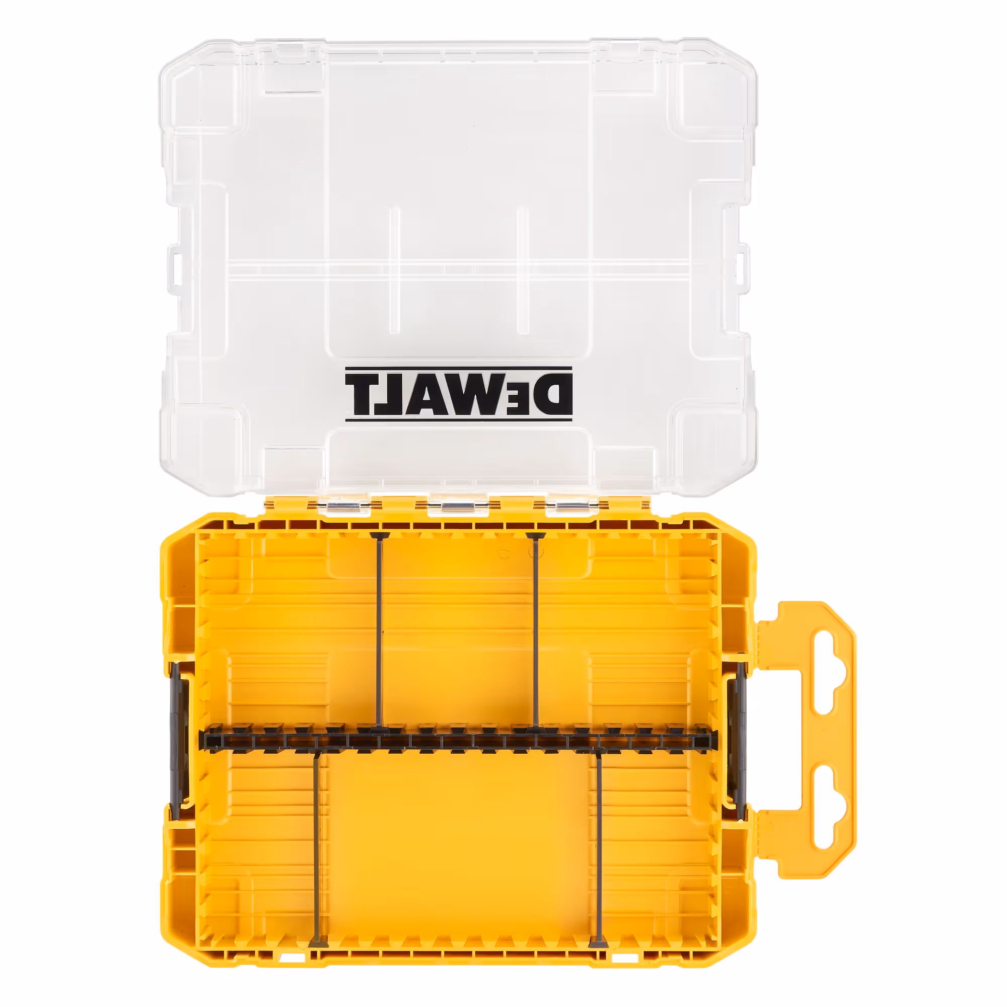 Moyen coffret de rangement TOUGHCASE (vide) + petite boîte d’embouts (vide) + 6 séparateurs + 4 barrettes d’embouts de vissage vides (2 x 25 mm et 2 x 57 mm)
