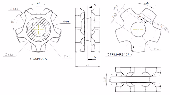 Noix d'épandeur à fumier 12x36 5 empreintes en fonte Ø45 clavette 12 mm
