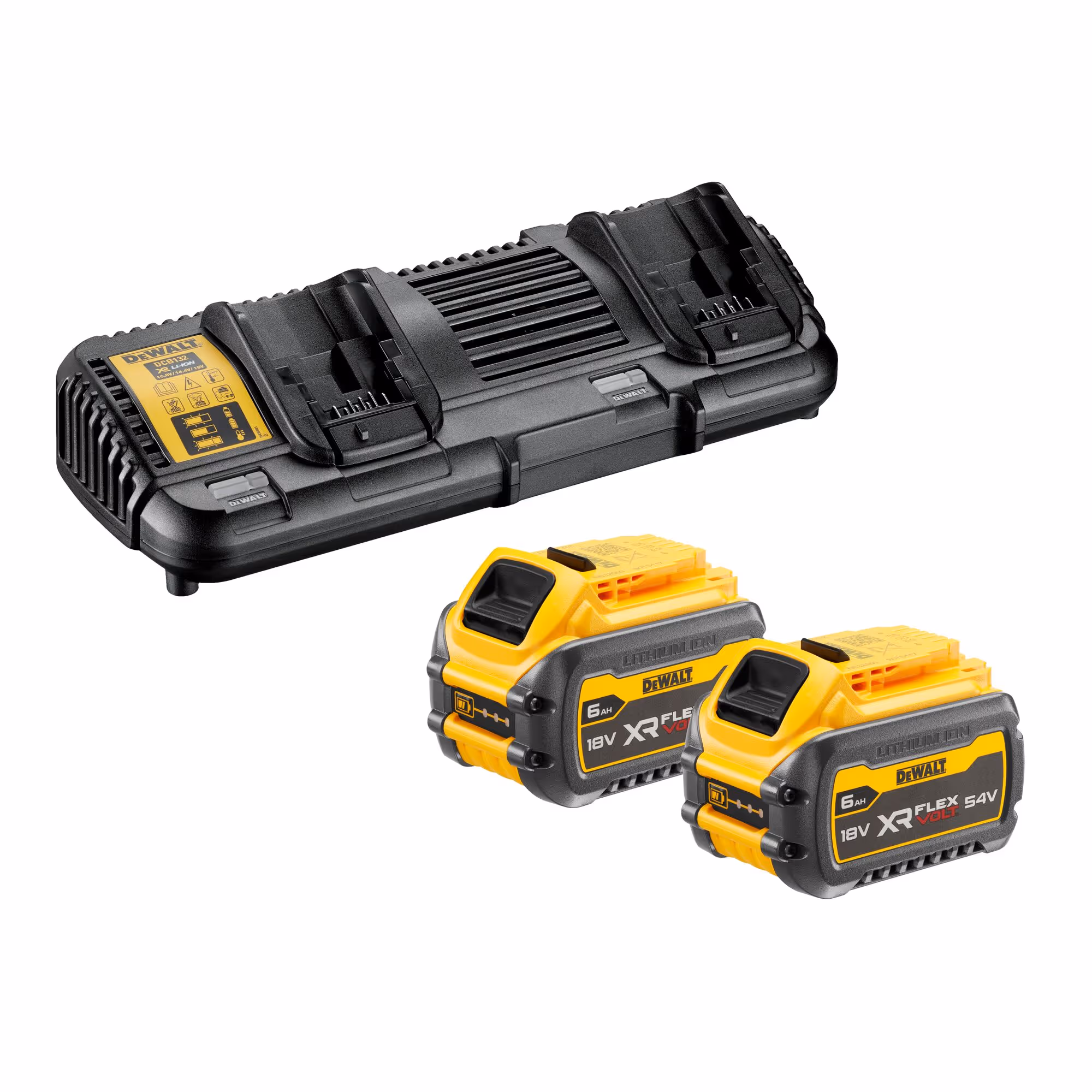 Pack 2 batteries XR FLEXVOLT 18V/54V 6Ah/2Ah Li-Ion + chargeur double 