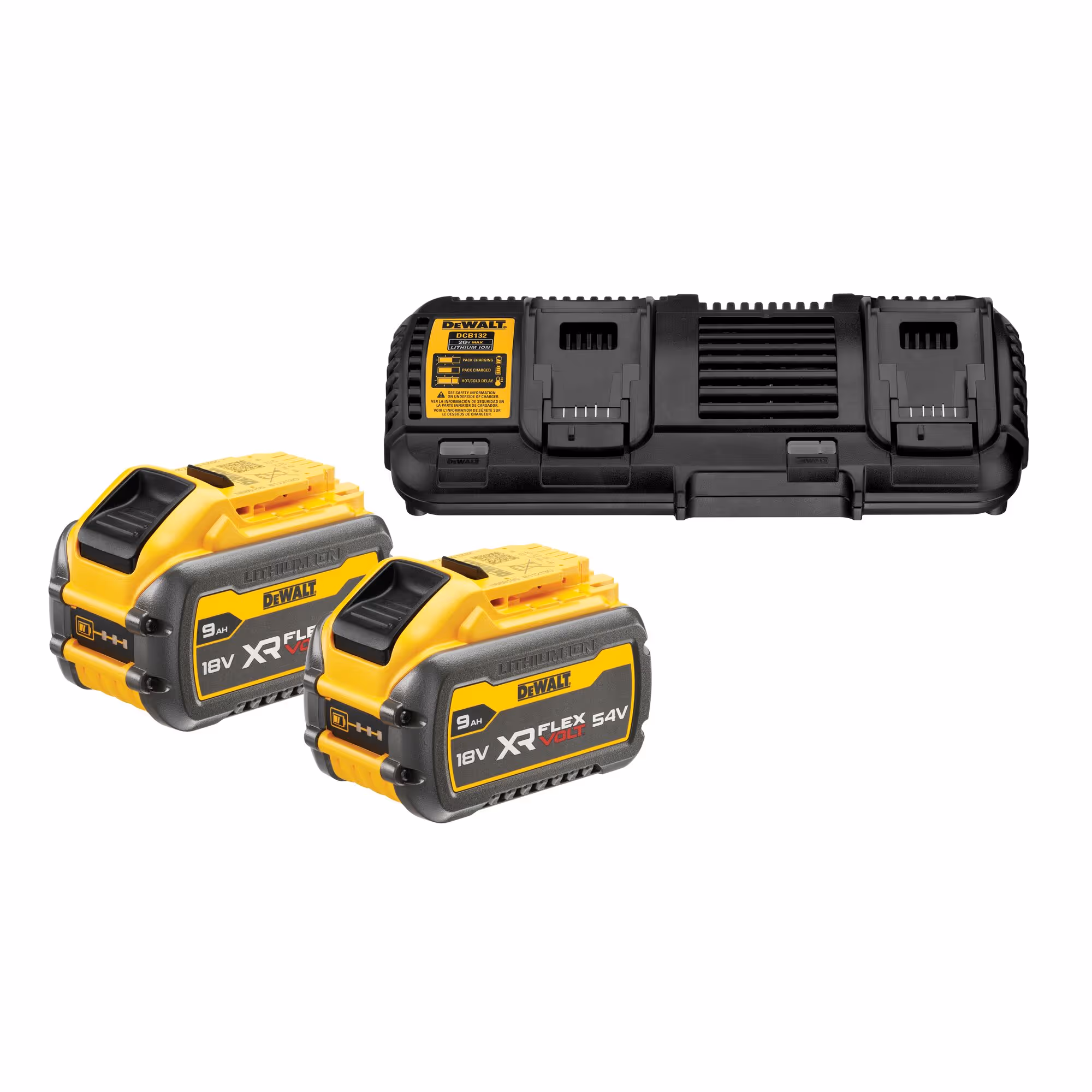 Pack 2 batteries XR FLEXVOLT 18V/54V 9Ah/3Ah Li-Ion + chargeur double