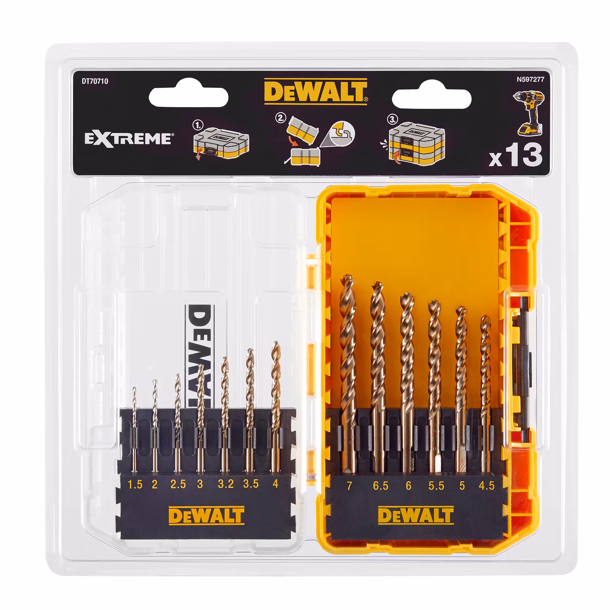 Petit coffret TOUGHCASE 13 pièces - forets métal dimensions : 1,5 mm, 2 mm, 2,5 mm, 3 mm, 3,2 mm, 3,5 mm, 4 mm, 4,5 mm, 5 mm, 5,5 mm, 6 mm, 6,5 mm, 7 mm (commander par 5 pour avoir le présentoir)