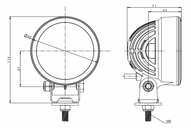 Phare à LED, rond, large flux lumineux, 2500 lm, porte-joint, Deutsch Stecker.