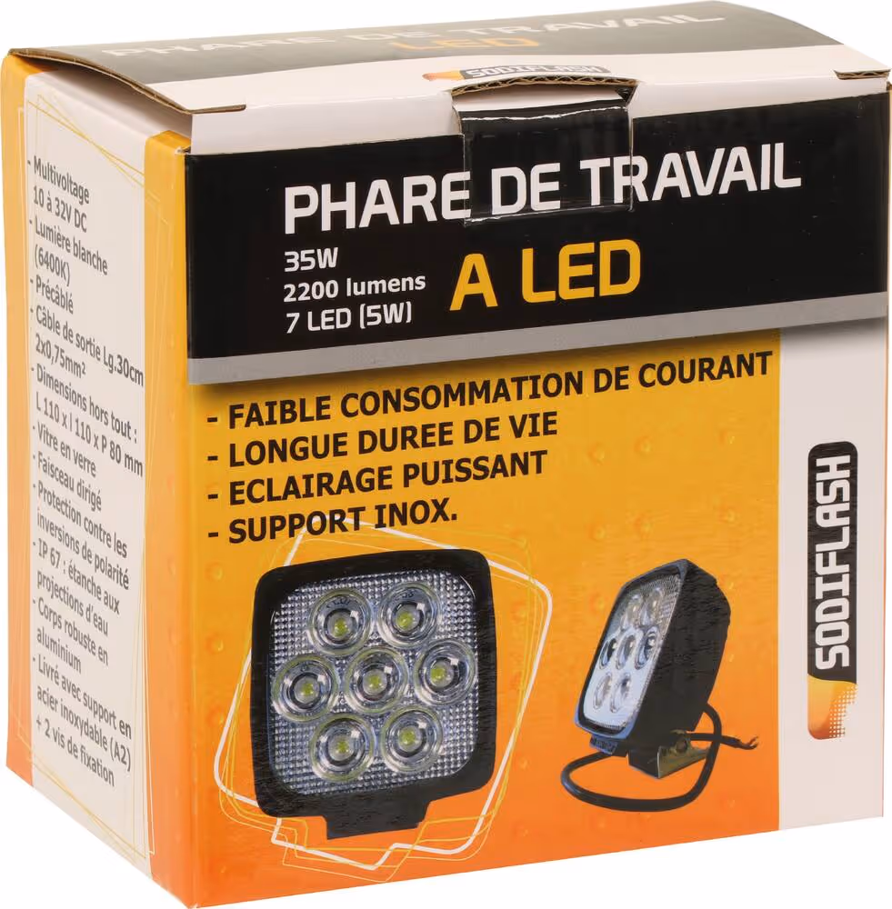 PHARE DE TRAVAIL CARRE 7 LED 35W 2200 LUMENS FAISCEAU LARGE