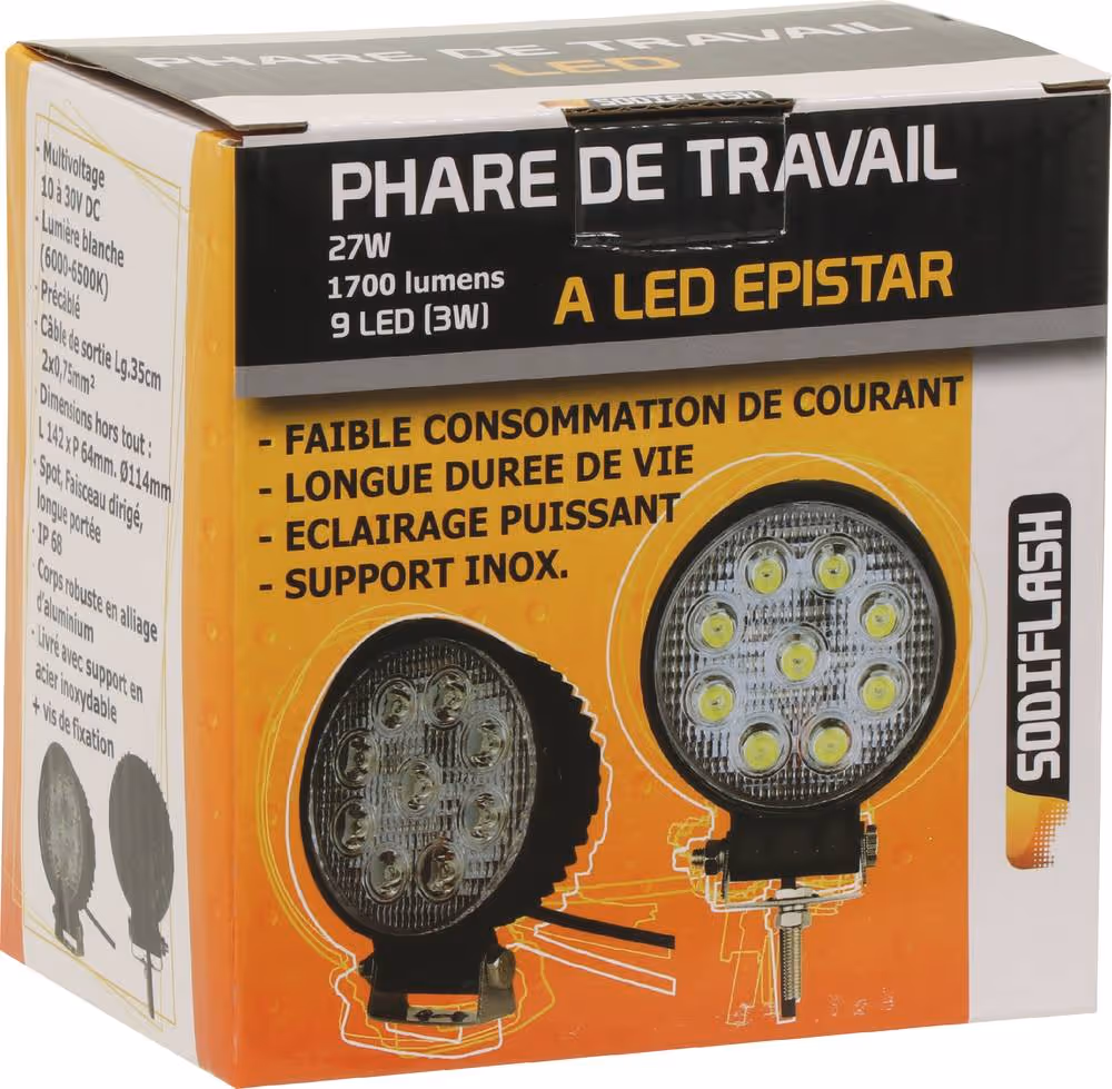 PHARE DE TRAVAIL ROND 9 LED 27W 1800 LUMENS LONGUE PORTEE