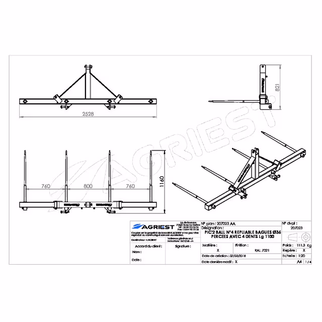 Pic'2 bal n°4 repliable ø36 perce avec 4 dents 1100