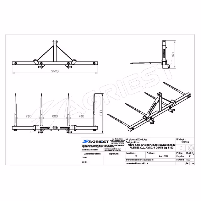 Pic'2 bal n°4 repliable ø42 clav 4 dents 1100 gris