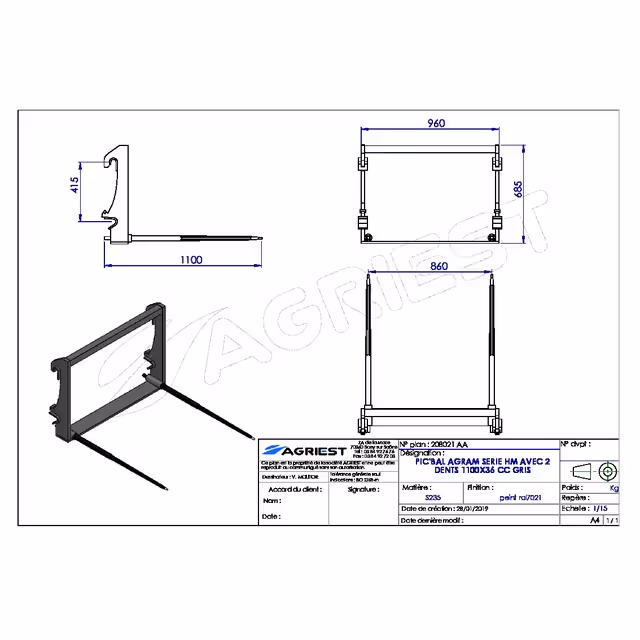 Pic'bal agram serie hm avec 2 dents 1100x36 cc gris