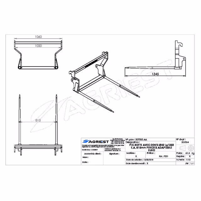Pic'bal euro avec 2 dents 1200x42 perce gris