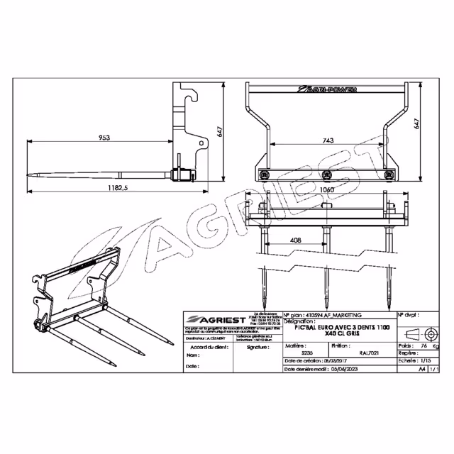 Pic'bal euro avec 3 dents 1100x40 percee gris