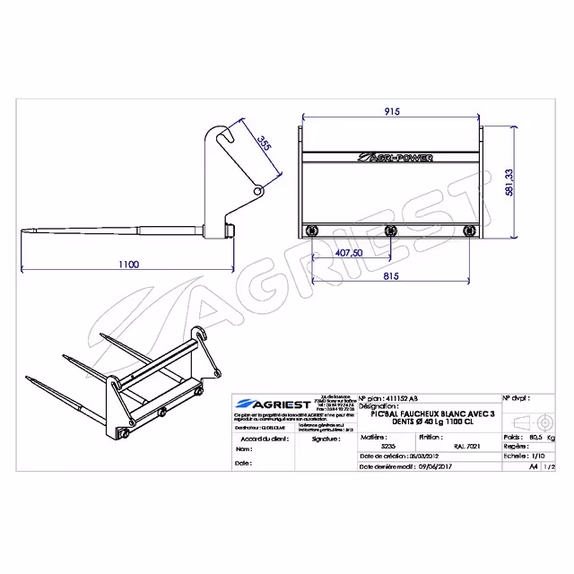 Pic'bal faucheux blanc avec 3 dents 40x1100 percee